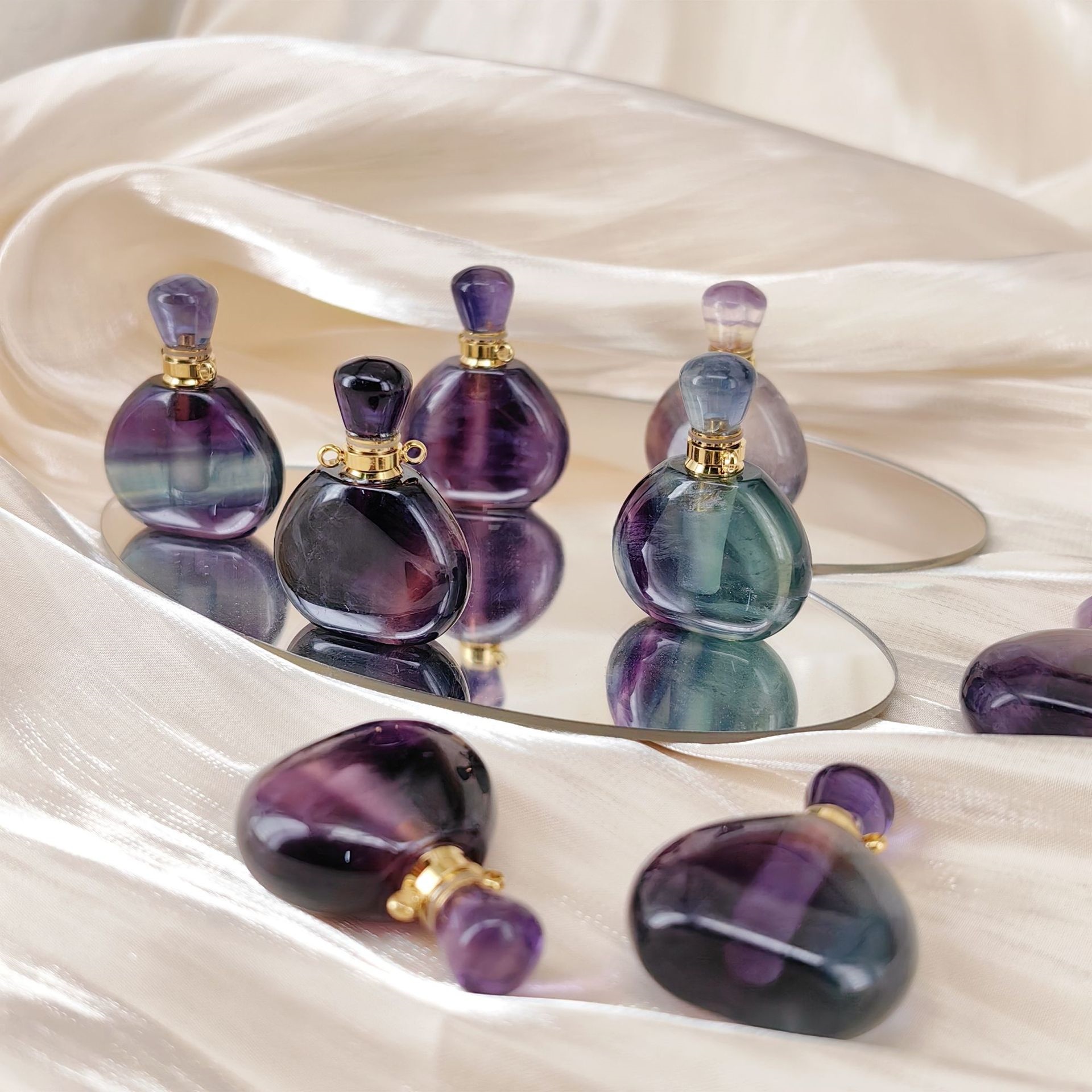 Multi-Color Fluorite Heart Perfume Bottle Pendant Necklace